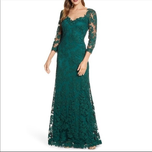 Tadashi Shoji Emerald Green Tometi Embroidered Lace Gown Maxi Dress 2 - Picture 2 of 16